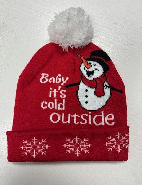"It's Cold Outside" Snowman Pom-Pom Snowflake Beanie | Daverri Fashions