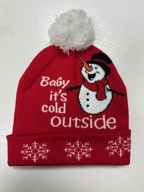 "It's Cold Outside" Snowman Pom-Pom Snowflake Beanie - DAVERRI FASHIONS