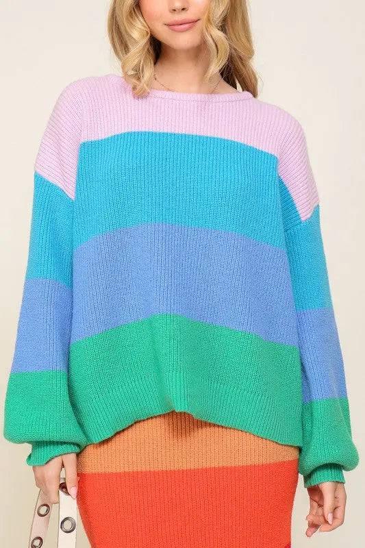 Rainbow striped oversized chunky knit sweater Blue Combo Sweaters