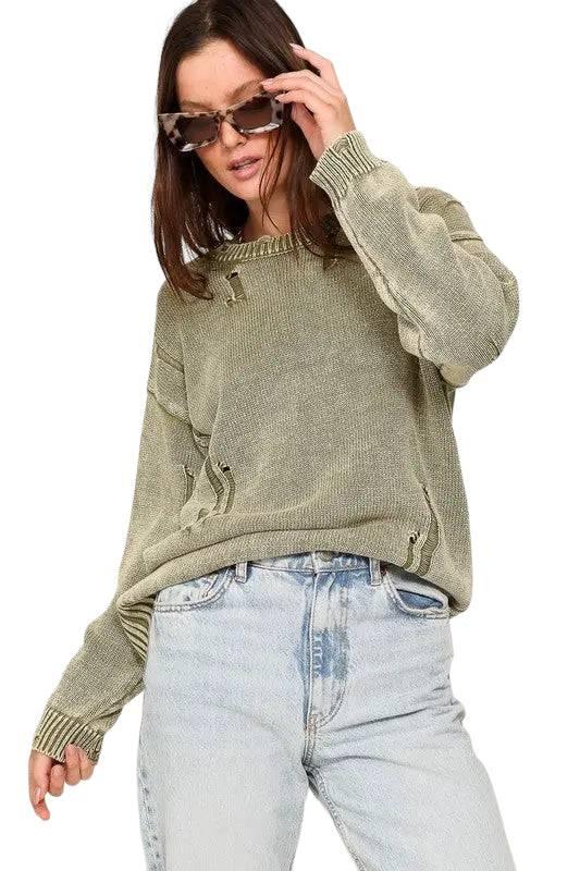 Distressed mineral wash cotton sweater Olive S Sweaters