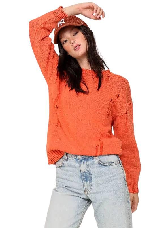 Distressed mineral wash cotton sweater Orange Sweaters