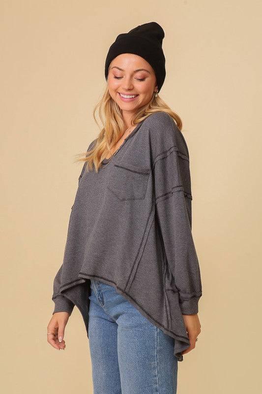 Oversized High-Low Thermal Top 2 TONE CHARCOAL Shirts & Tops