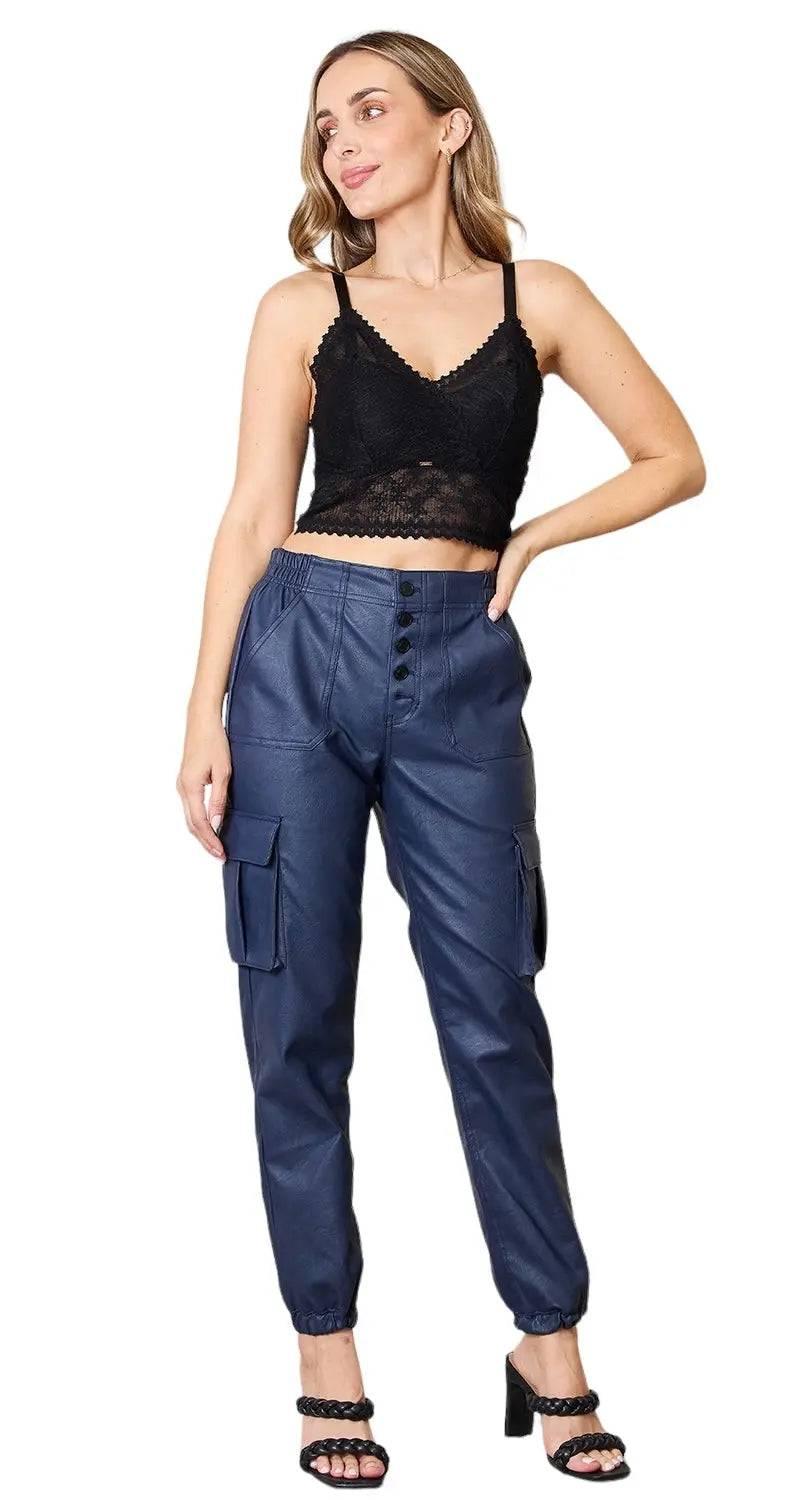 High waist vegan leather cargo joggers Pants