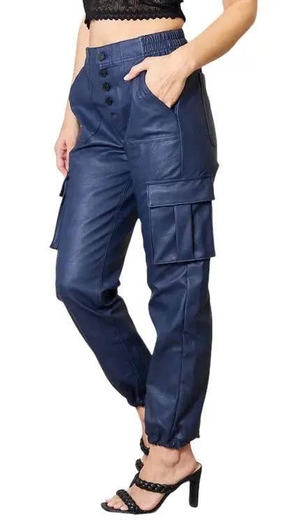 High waist vegan leather cargo joggers Pants