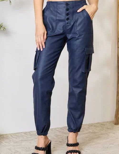 High waist vegan leather cargo joggers Navy M Pants