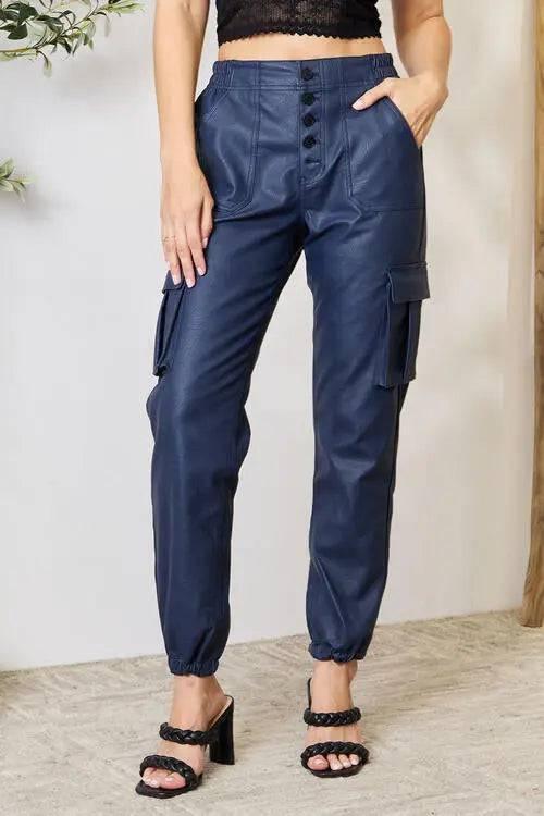 High waist vegan leather cargo joggers Navy M Pants