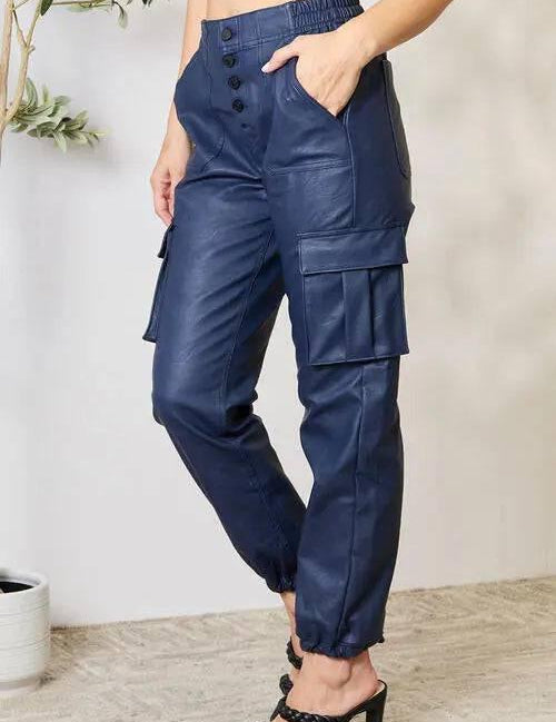 High waist vegan leather cargo joggers Pants