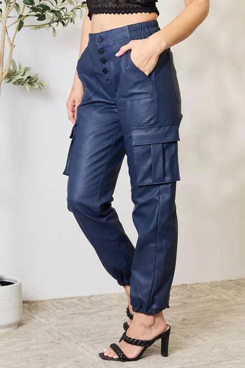 High waist vegan leather cargo joggers Pants