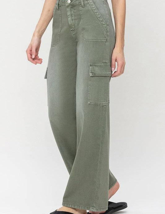 High Rise Wide Leg Utility Cargo Jeans ARMY GREEN Jeans