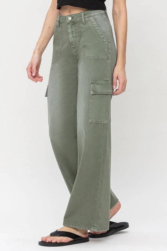 High Rise Wide Leg Utility Cargo Jeans ARMY GREEN Jeans