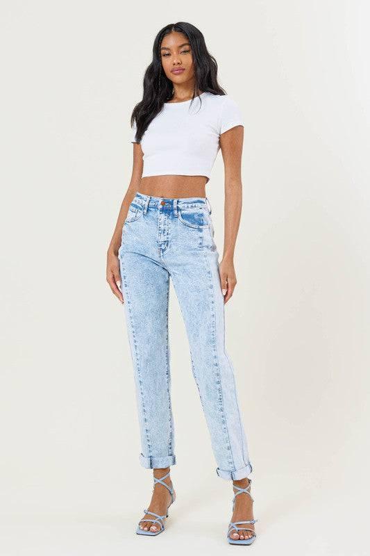 High rise color block boyfriend jeans Blue Jeans