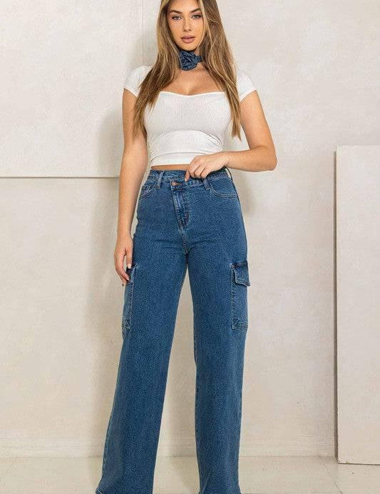 Women's High Rise Cargo Jeans Medium Stone Jeans