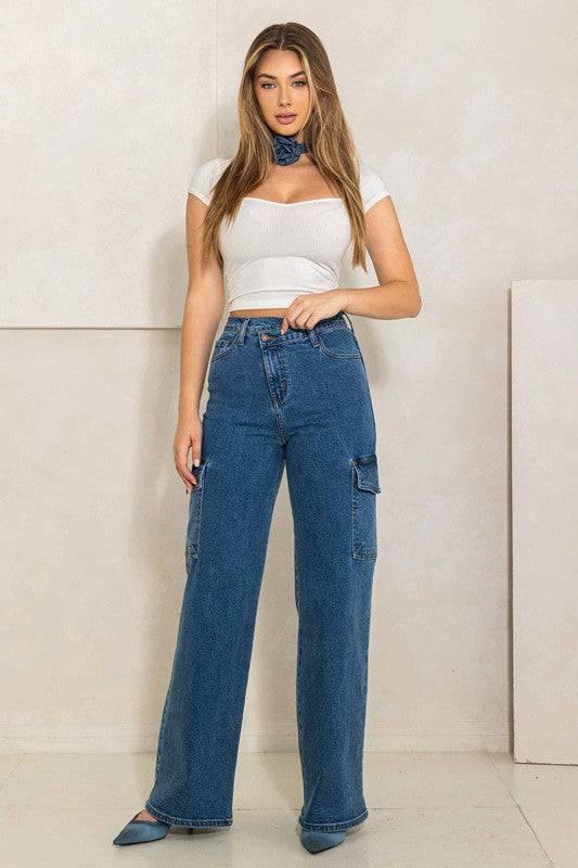 Women's High Rise Cargo Jeans Medium Stone Jeans