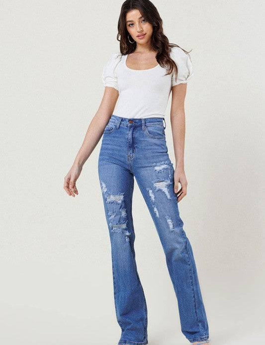 High Rise Distressed Straight Leg Jeans Jeans