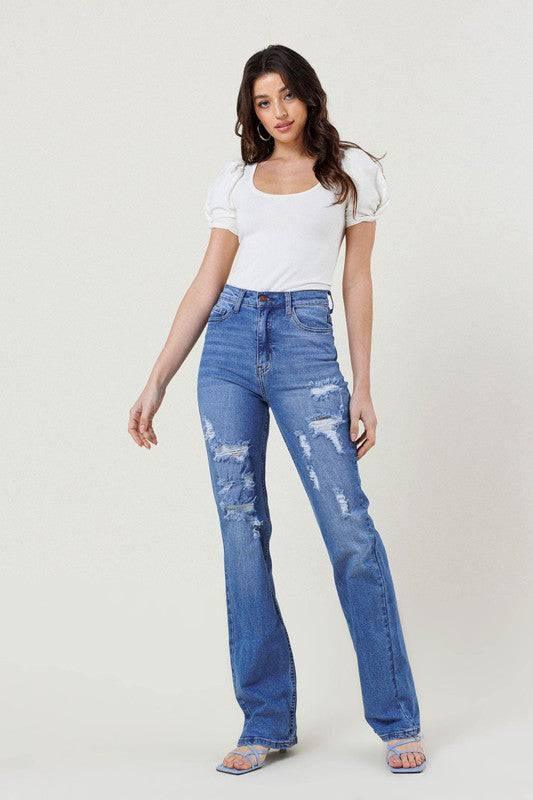 High Rise Distressed Straight Leg Jeans Jeans