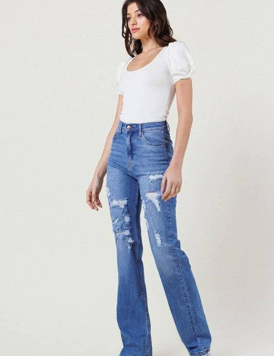 High Rise Distressed Straight Leg Jeans Jeans