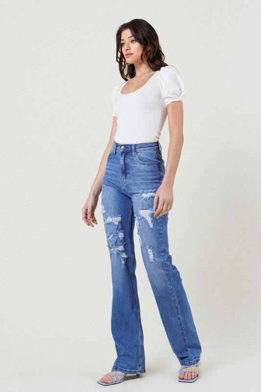 High Rise Distressed Straight Leg Jeans Jeans