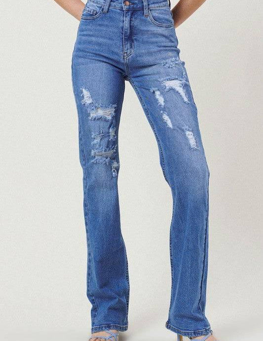 High Rise Distressed Straight Leg Jeans Medium Stone Jeans