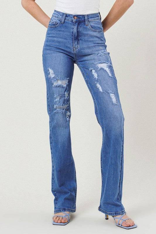 High Rise Distressed Straight Leg Jeans Medium Stone Jeans