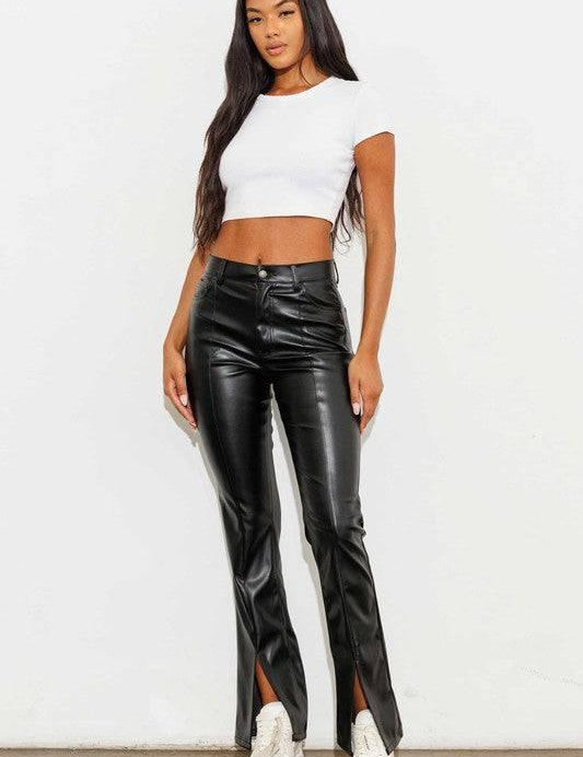 Vegan Leather Front Slit Bootcut Pants Black Pants