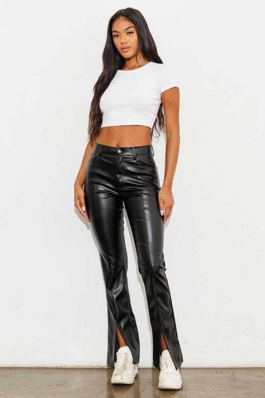 Vegan Leather Front Slit Bootcut Pants Black Pants