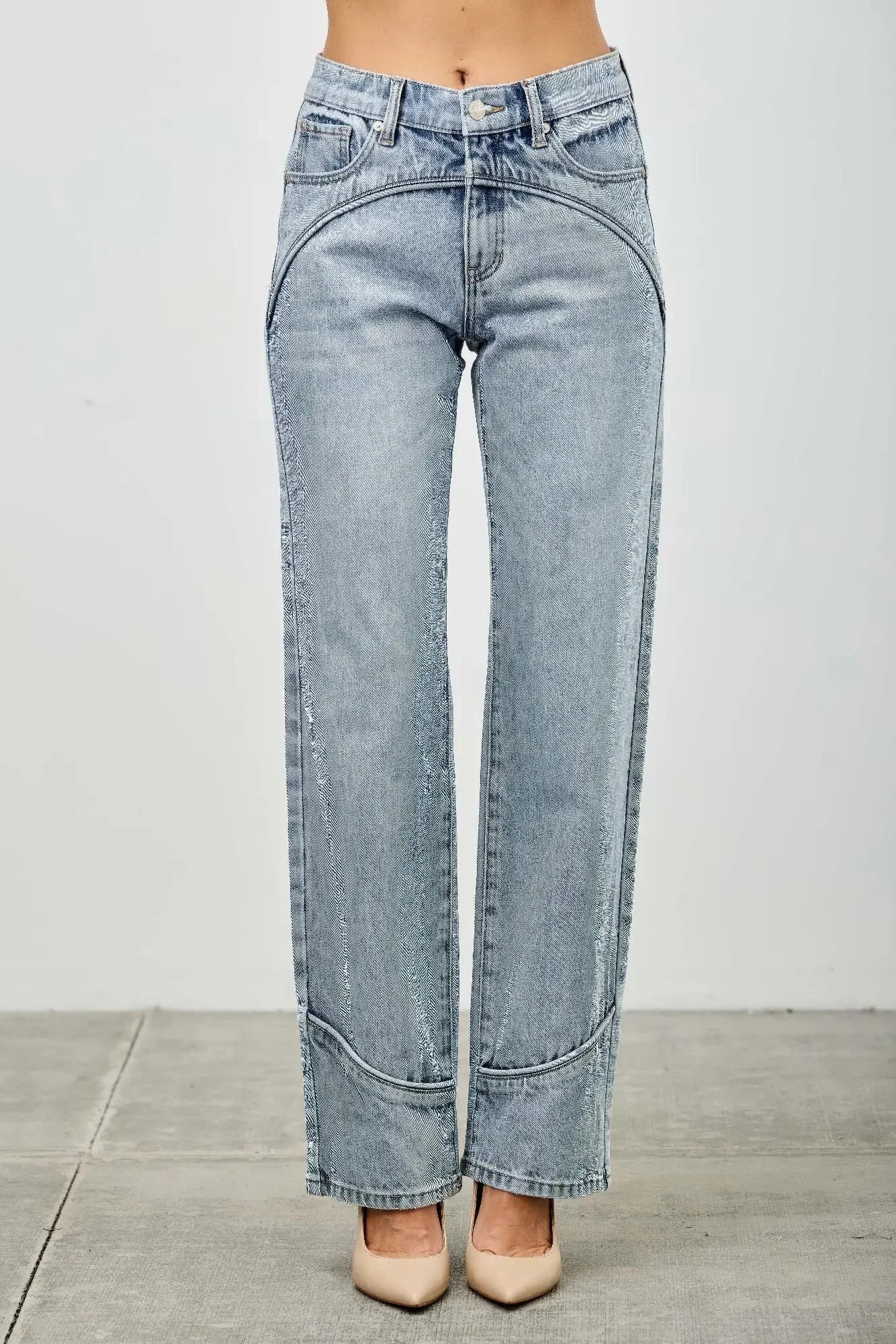 Saige Denim Piping Detail Mid Rise Straight Jeans with glittery seams