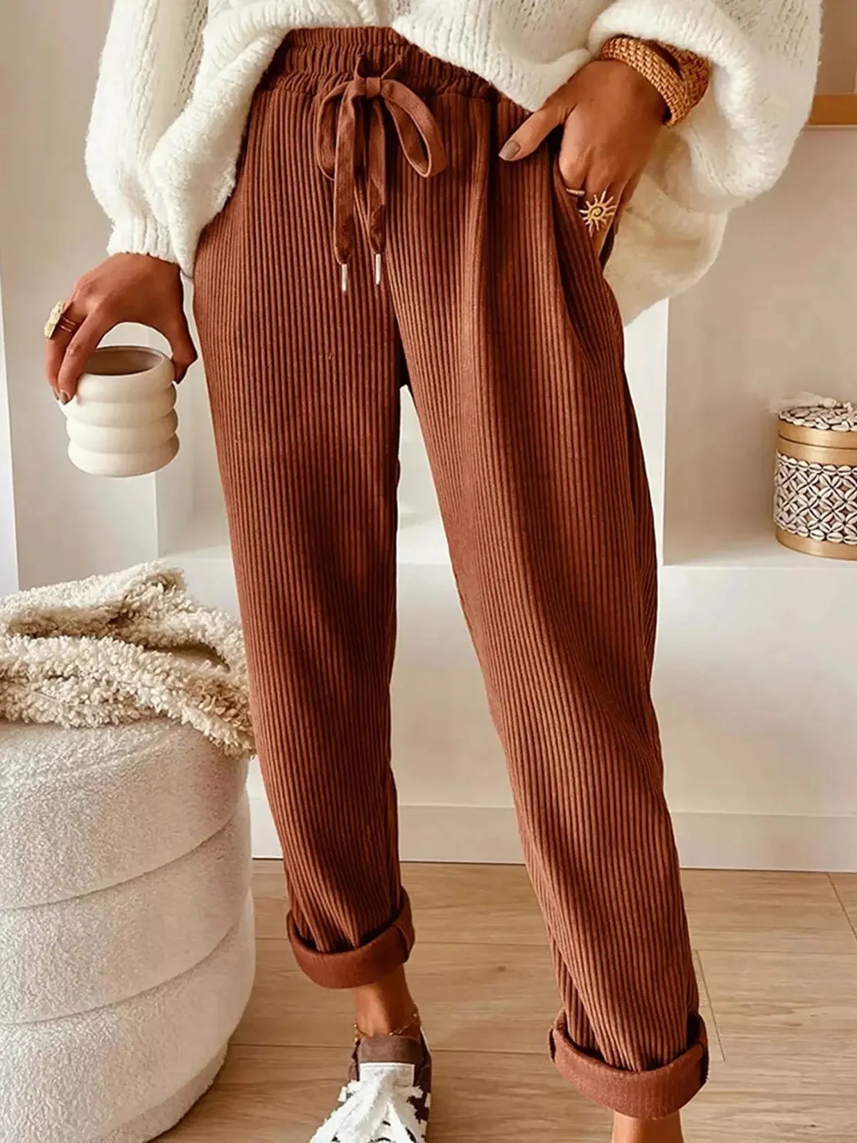 Daverri Fashions casual corduroy pants in warm brown with ribbed texture