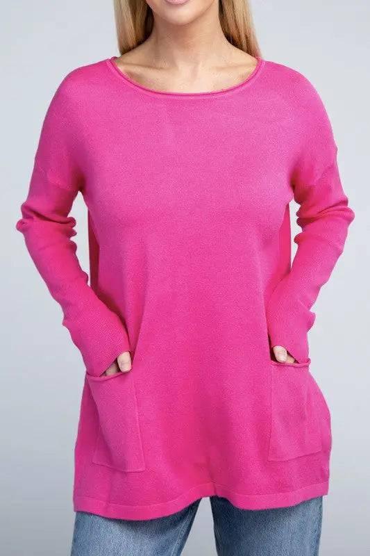 Viscose front pockets sweater H FUCHSIA