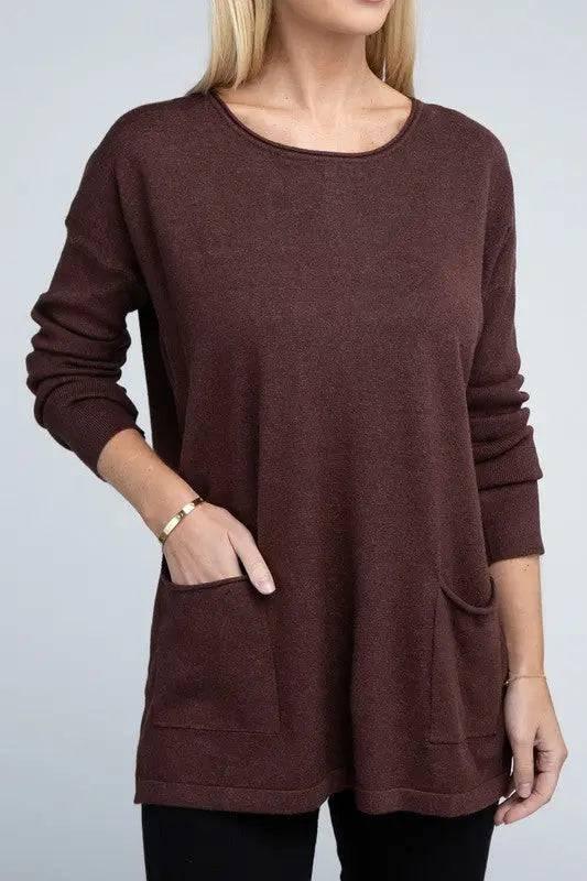 Viscose front pockets sweater H MAHOGANY