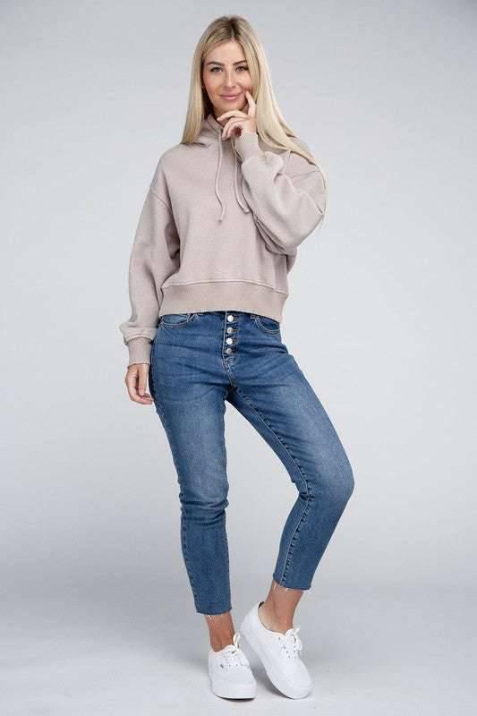 Zenana Acid Washed Cropped Hoodie Hoodies