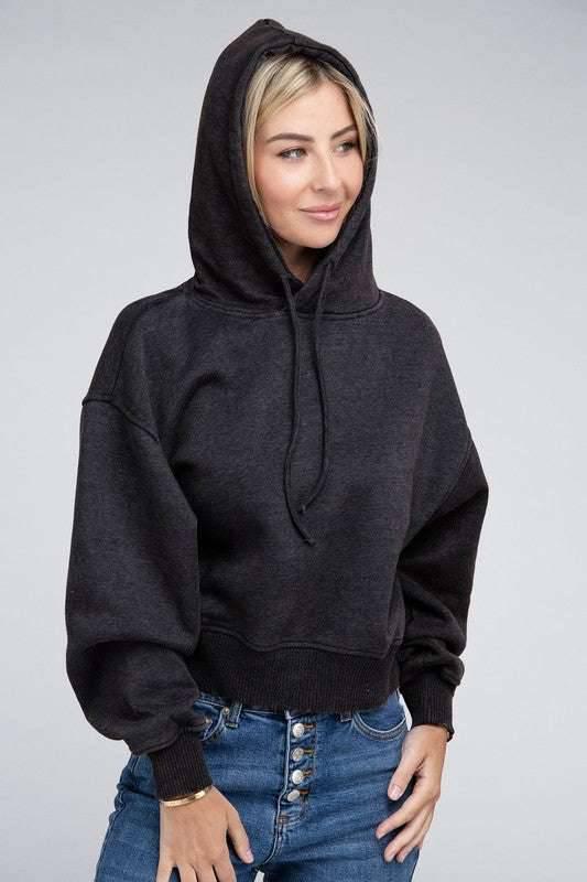 Zenana Acid Washed Cropped Hoodie Hoodies