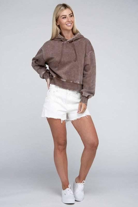 Zenana Acid Washed Cropped Hoodie Hoodies