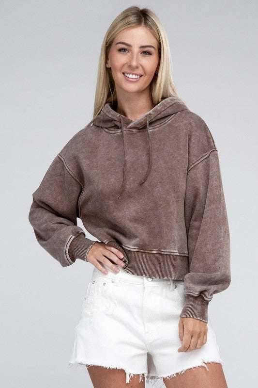 Zenana Acid Washed Cropped Hoodie Hoodies