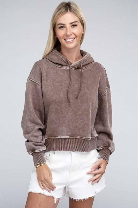 Zenana Acid Washed Cropped Hoodie Hoodies