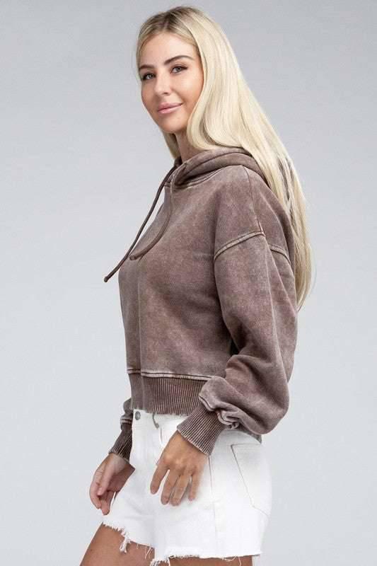 Zenana Acid Washed Cropped Hoodie Hoodies