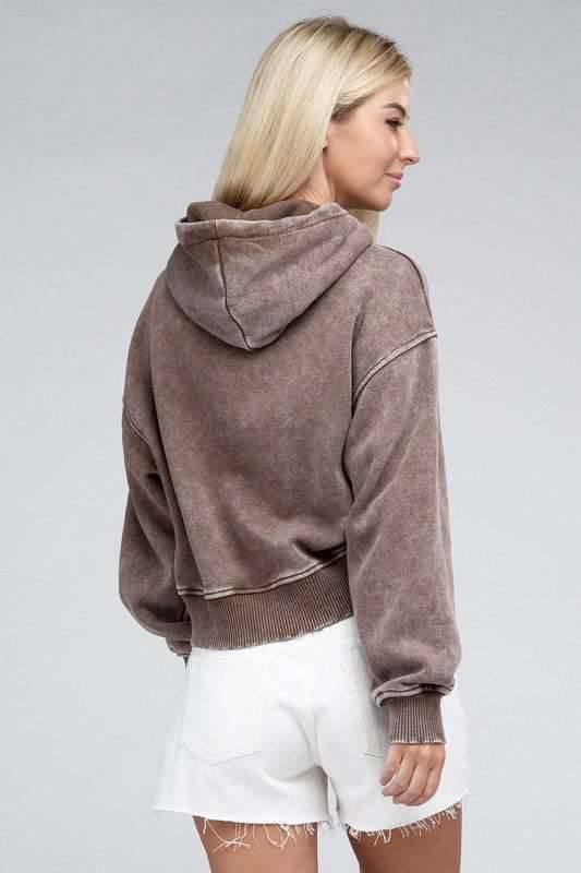 Zenana Acid Washed Cropped Hoodie Hoodies