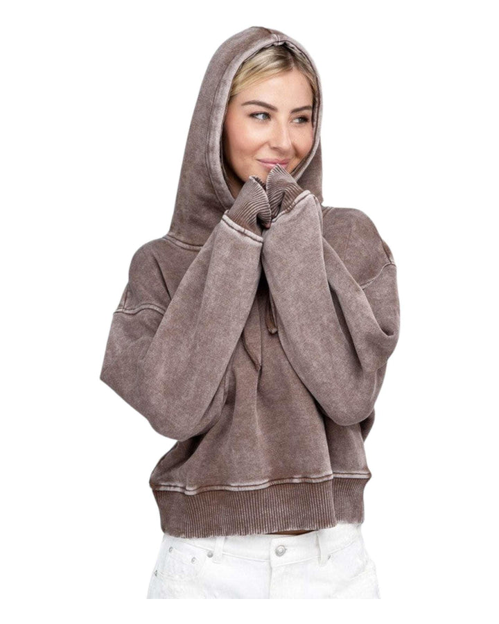 Zenana Acid Washed Cropped Hoodie Hoodies