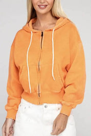 Zenana fleece cropped zip-up hoodie LT ORANGE S Hoodies