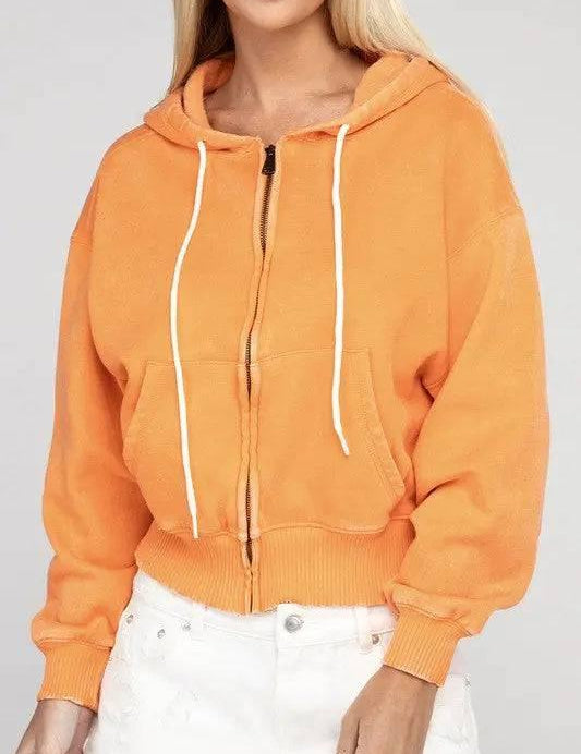 Zenana fleece cropped zip-up hoodie LT ORANGE S Hoodies