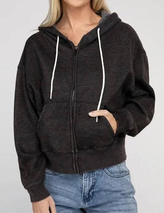 Zenana fleece cropped zip-up hoodie ASH BLACK S Hoodies