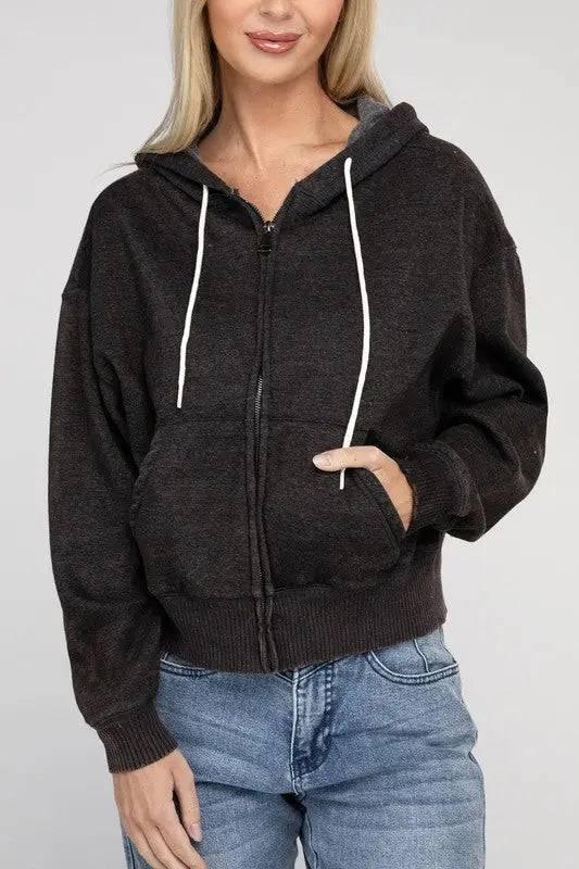 Zenana fleece cropped zip-up hoodie ASH BLACK S Hoodies