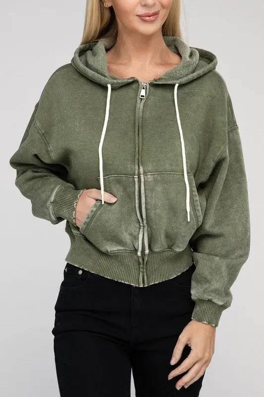 Zenana fleece cropped zip-up hoodie Hoodies