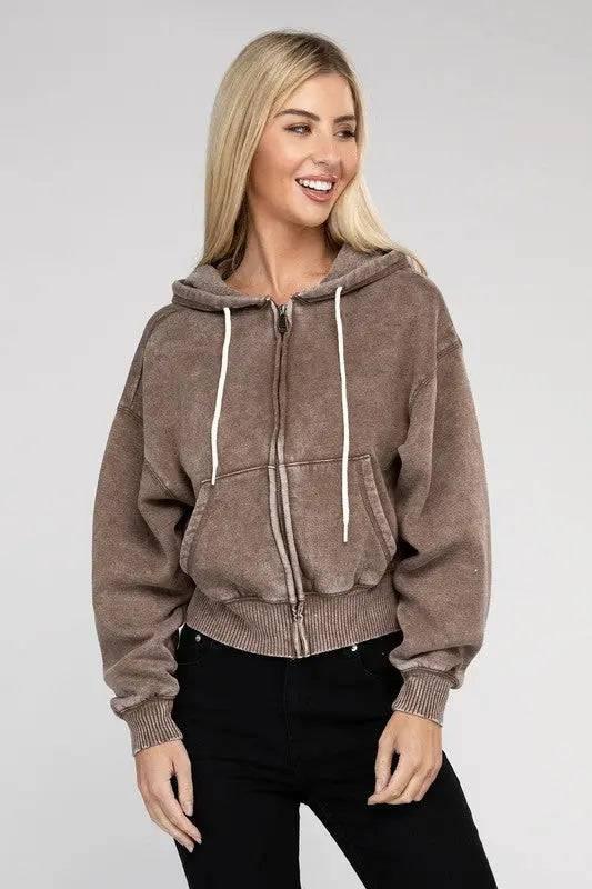 Zenana fleece cropped zip-up hoodie Hoodies