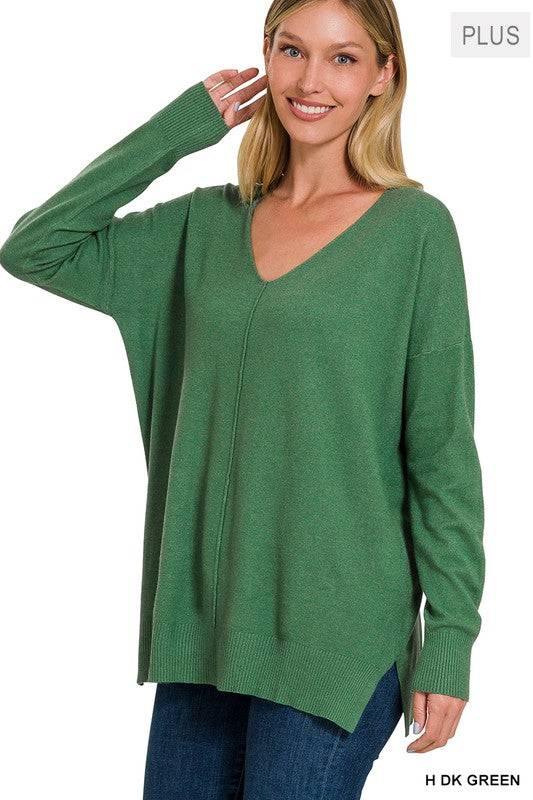 Zenana Plus Long Sleeve V Neck Tunic Sweater Sweaters