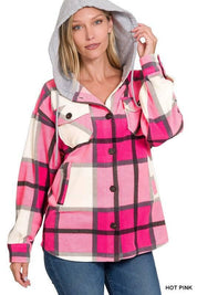 Zenana plaid hooded fleece shacket HOT PINK S Shackets