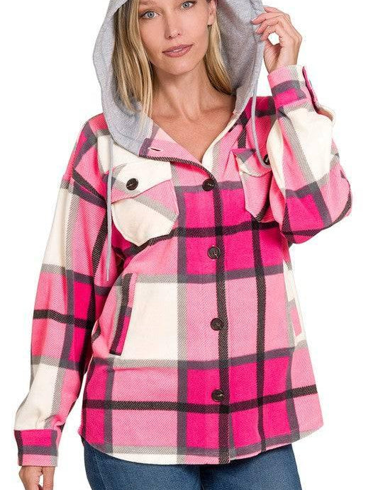 Zenana plaid hooded fleece shacket HOT PINK S Shackets