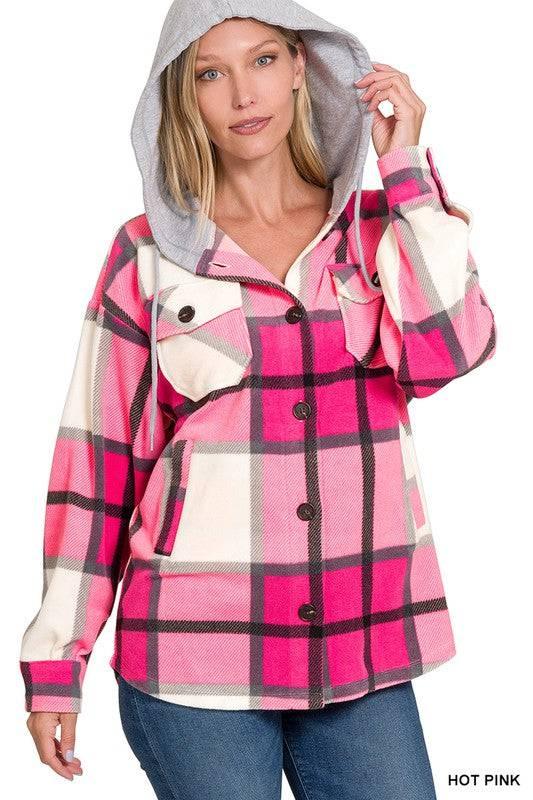 Zenana plaid hooded fleece shacket HOT PINK Shackets