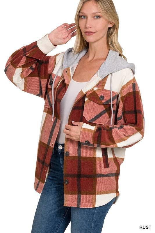 Zenana plaid hooded fleece shacket RUST S Shackets