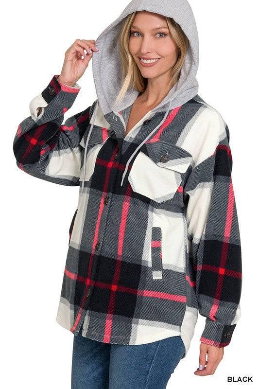 Zenana plaid hooded fleece shacket BLACK S Shackets