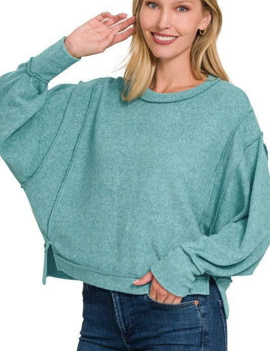 Zenana Exposed Seam Sweater DUSTY TEAL L XL Sweaters